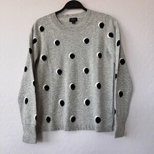 J.Crew 100% Cashmere‎ Sweater Polka Dot Crew Neck Pullover Top Gray Womens M